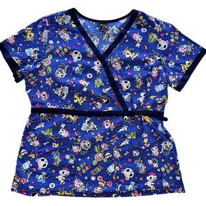 Koi X Tokidoki Scrub Top Denim Daze Stretch Luna Style Blue Large Medical EUC